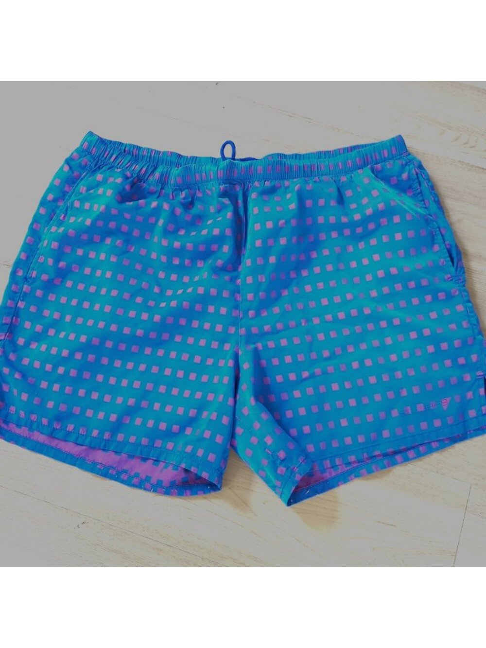 Vintage 90’s STUBBIES Swim Shorts Lined Size L Blue Polka Dot USA Made Retro-lp